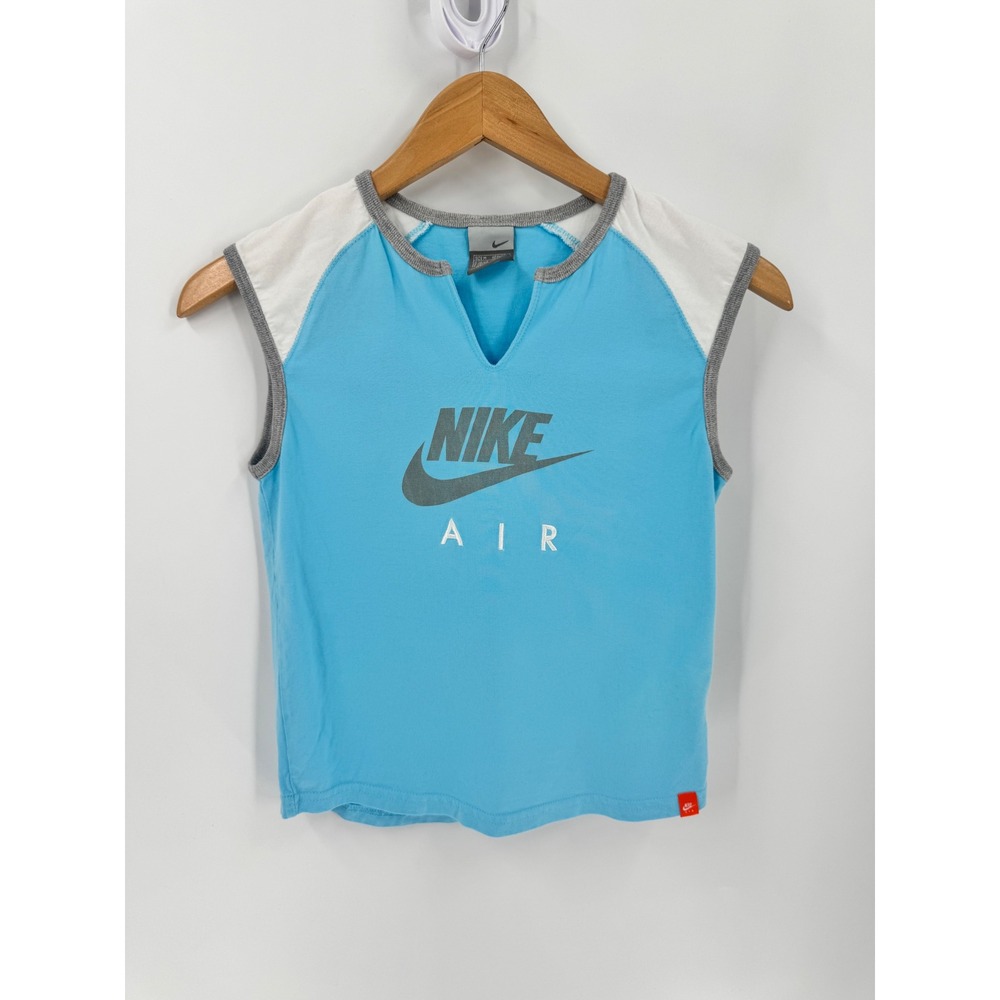 Nike Baby Tee Women Size M Blue Vintage Air Logo Split Neck Raglan Sleeveless